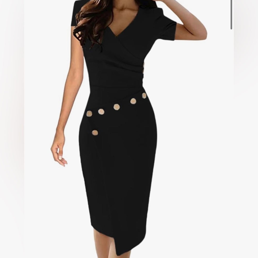 Chic Black Midi Dress with Gold Details